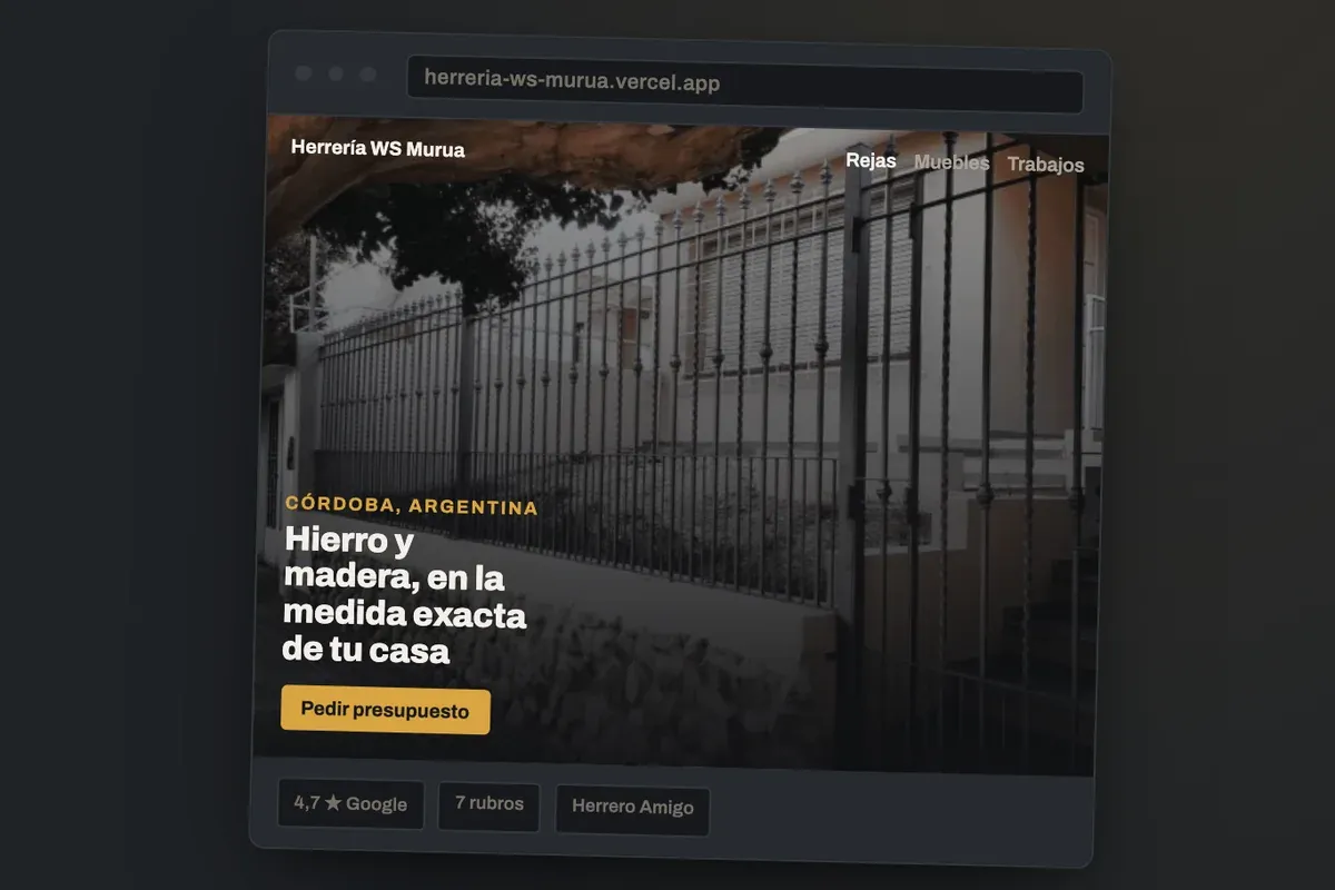 Sitio de Herrería WS Murúa en el navegador, con el rediseño 2026: hero con foto de reja y botón de presupuesto