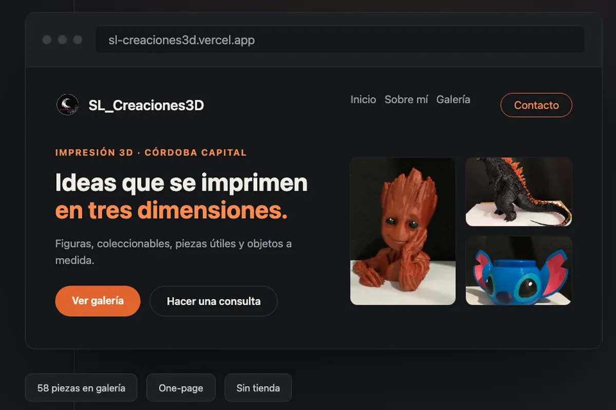 Sitio de SL_Creaciones3D en el navegador: galería de figuras impresas en 3D, con filtros por categoría y botón de contacto por WhatsApp